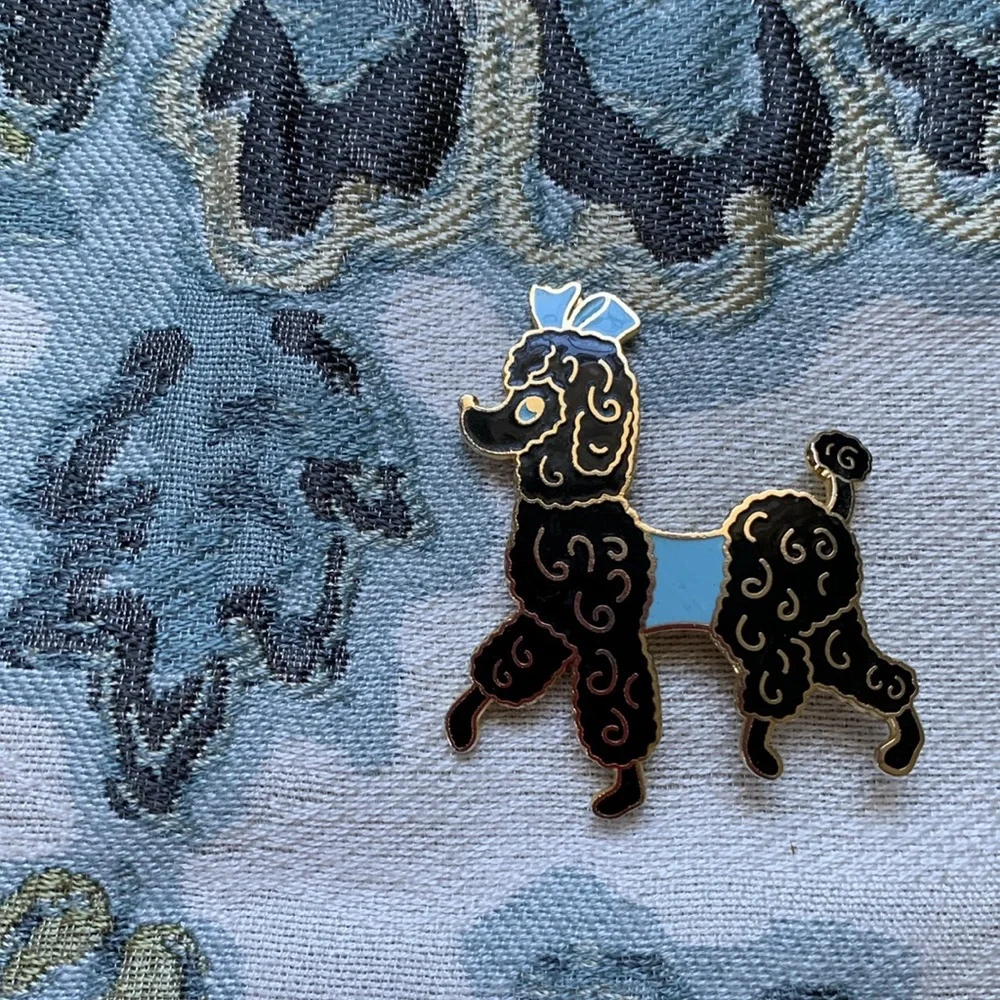 Fancy black French Poodle pin with blue eyes, sweater + bow EUC